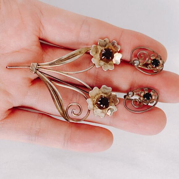 VTG Signed Jaykel Sterling Silver Floral Brooch & Earrings Set, 1940s 1950s MCM - Picture 3 of 16